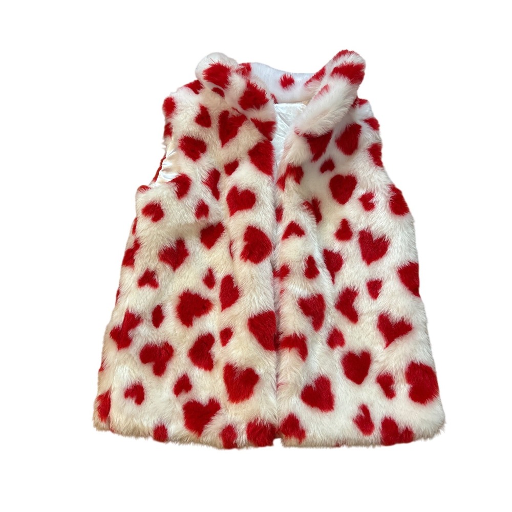 Max Studio Faux‎ Fur Vest Kids White Red Heart Sleeveless Jacket SIZE L 10/12